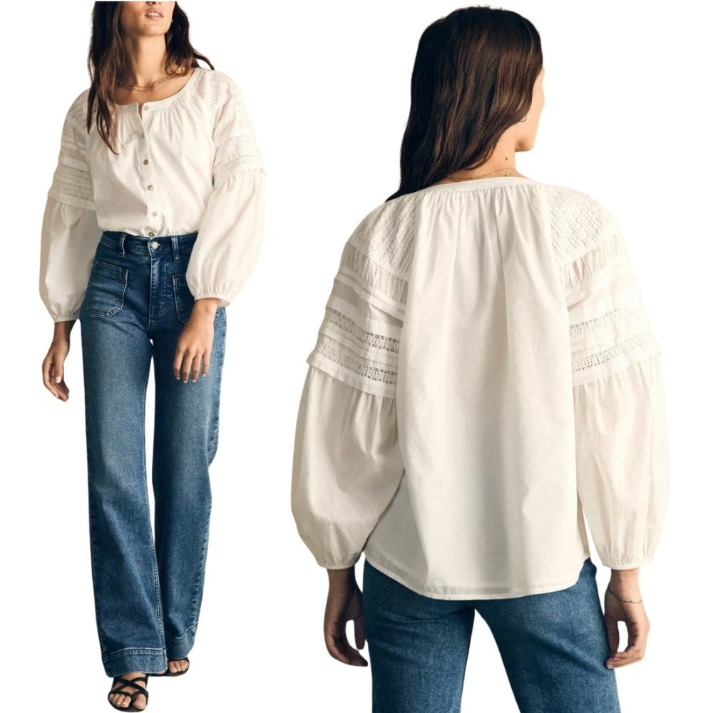 Faherty Enna Top White Organic Cotton Lace Pintuck Blouse WTS2409 Size M NEW